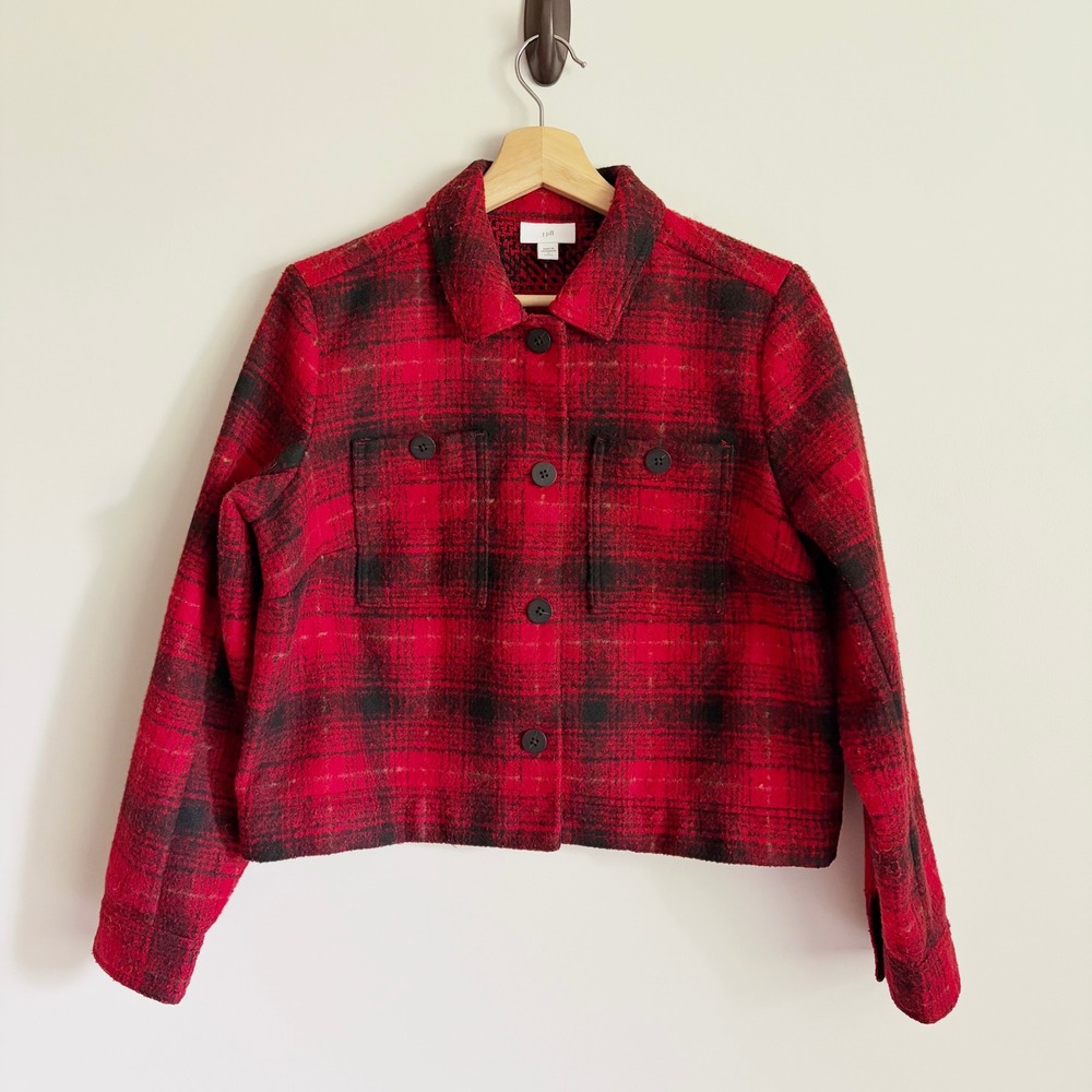 J Jill Plaid Cropped Boxy Jacket Shacket Size Small Petite Button Front Pockets